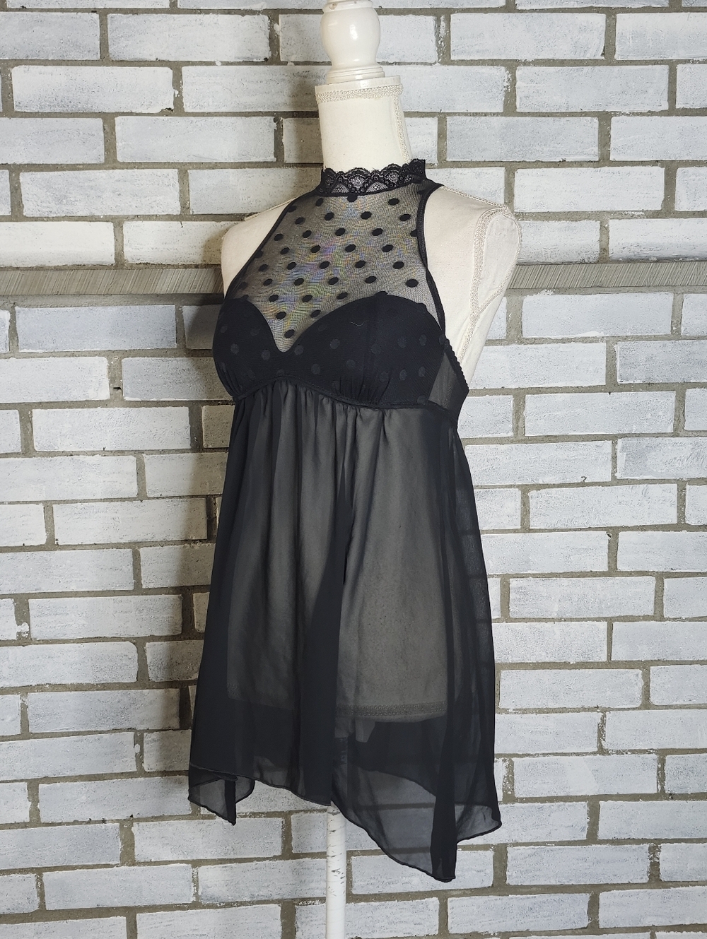 • Apt 9 Women's Mock Neck Sheer Sexy Small Black Polka Dots Nightgown Nightie